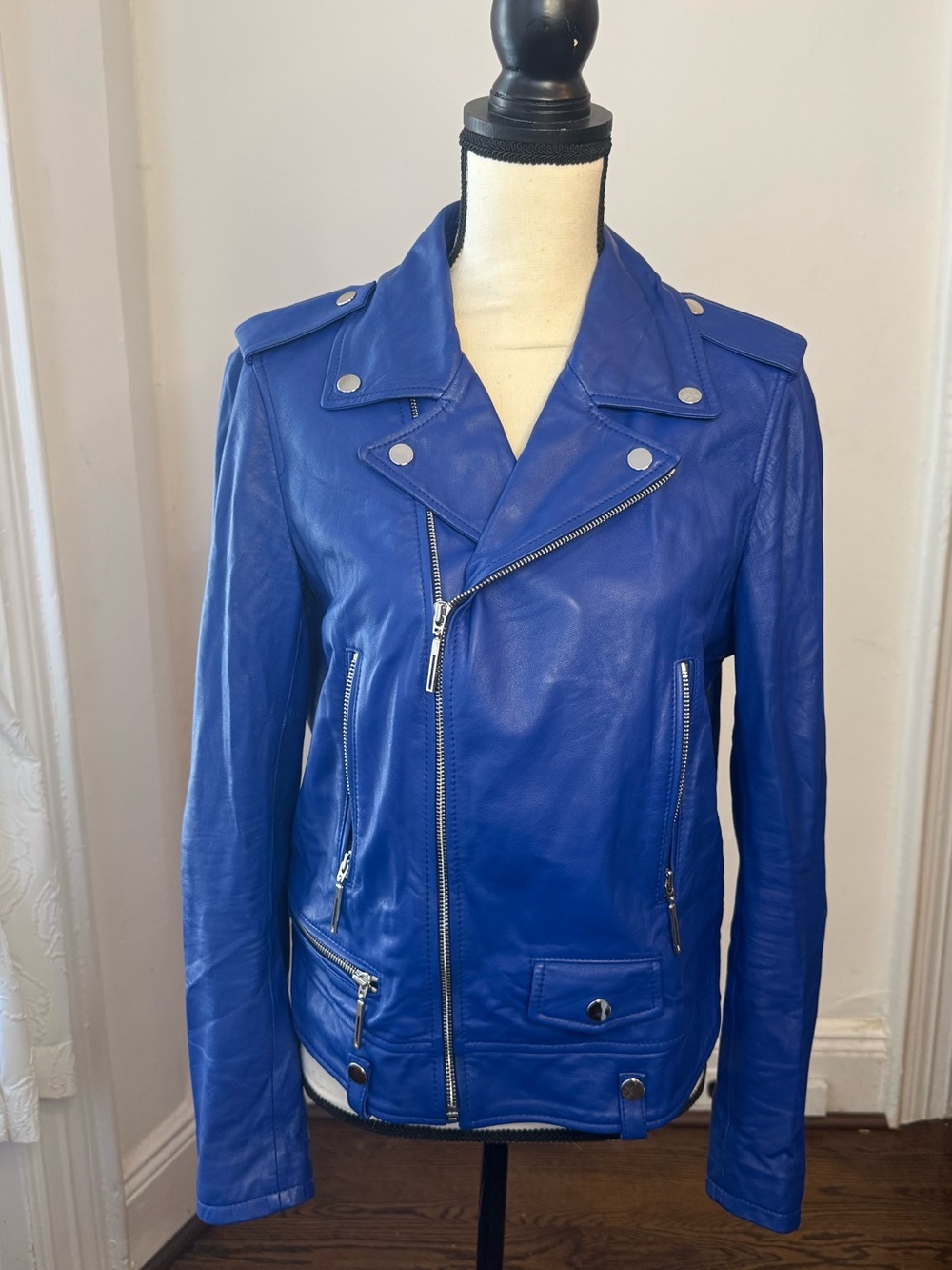 Blue Moto Lamb Leather Jacket Elle Tahari Women's Size M
